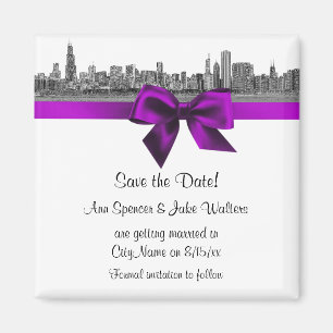 Aimant Chicago Skyline Gravé BW Violet Enregistrer la Dat