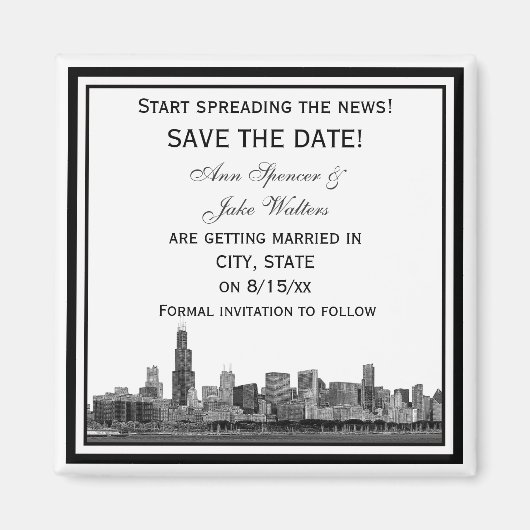Aimant Chicago Skyline Gravé Cadre Save the Date (Devant)