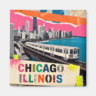 Aimant Chicago Skyline Train Collage Pop Art Rétro Voyage
