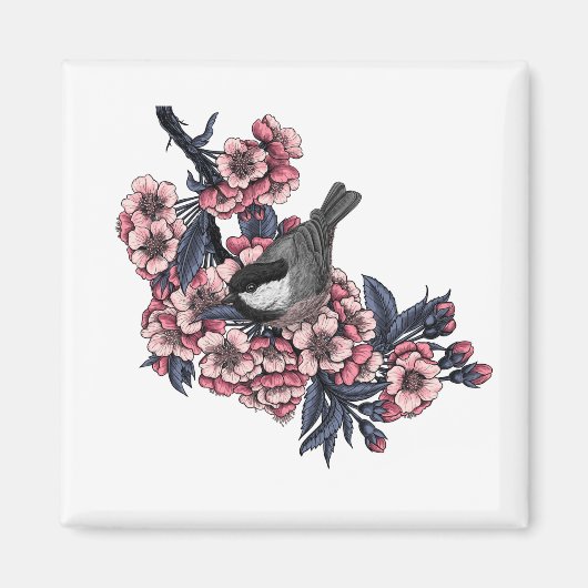 Aimant Chickadee on a blooming cherry branch (Devant)
