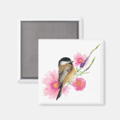 Aimant Chickadee Watercolor Bird Flowers (Recto/Verso)
