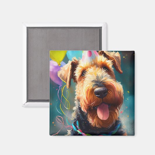 Aimant Chien Airedale avec casquette d'anniversaire et ba (Recto/Verso)