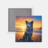 Aimant Chien assis sur Ocean Beach au coucher du soleil (Recto/Verso)