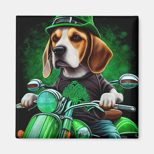 Aimant Chien Beagle conduisant un vélo la Saint-Patrick (Devant)