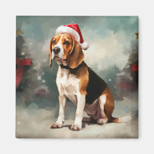 Aimant Chien Beagle dans la neige de Noël