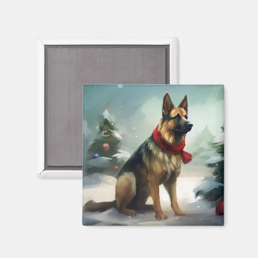 Aimant Chien berger allemand en Noël de neige (Recto/Verso)