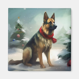 Aimant Chien berger allemand en Noël de neige