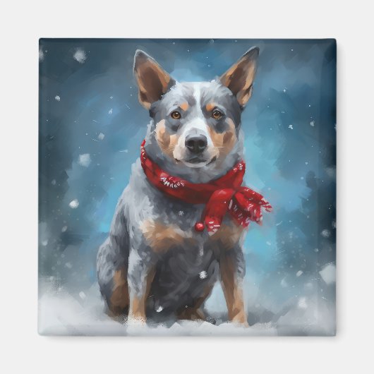 Aimant Chien Blue Heeler dans la neige de Noël (Devant)