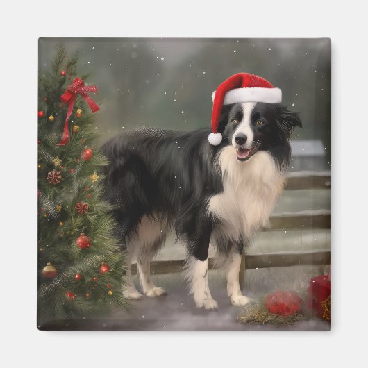 Aimant Chien Border Collie dans la neige de Noël (Devant)