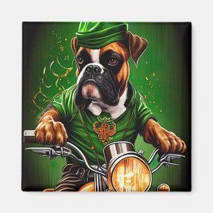 Aimant Chien Boxer Conduisant un Vélo St. Patrick's Day
