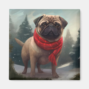 Aimant Chien Carlin dans la neige de Noël