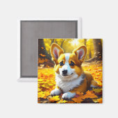 Aimant Chien Chien Chien de Corgi jouant dans les feuille (Recto/Verso)