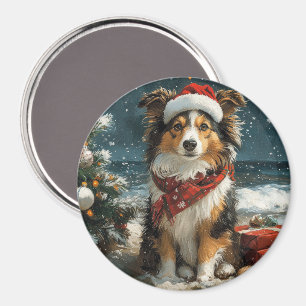 Aimant Chien de berger des Shetland Noël Vintage Plage