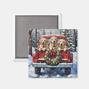 Aimant Chien de Labrador Noël Camion Rouge Fêtes