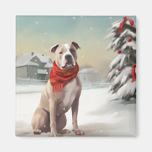 Aimant Chien du Staffordshire américain à Noël de neige (Devant)
