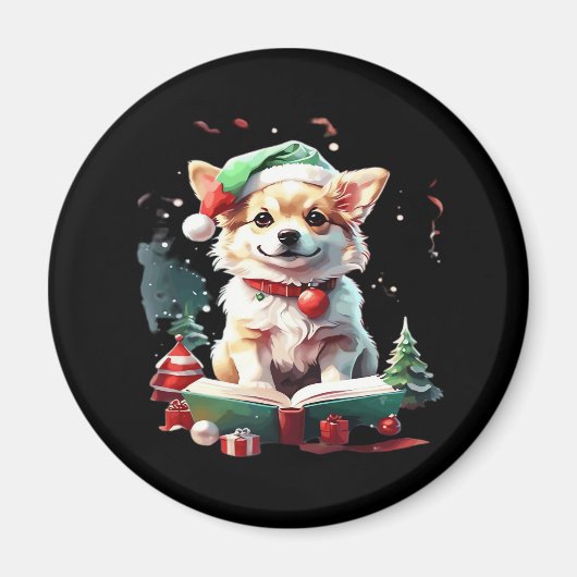 Aimant Chien en Casquette de Noël avec livres - Un Christ (Devant)