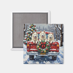 Aimant Chien Esquimau Américain Camion Rouge de Noël Vaca