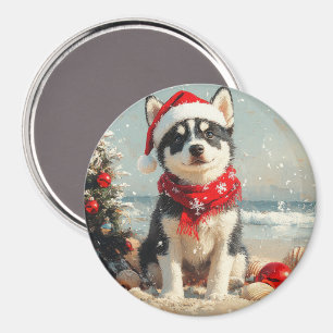 Aimant Chien Husky Sibérien Noël Plage Vintage