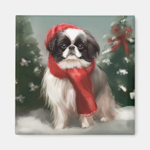 Aimant Chien Japonais Chin dans la neige de Noël