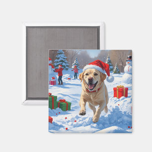 Aimant Chien Labrador courant dans la neige avec un chape