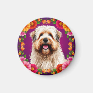 Aimant Chien mignon et duveteux avec des fleurs