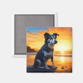 Aimant Chien mignon sur la plage au coucher du soleil (Recto/Verso)