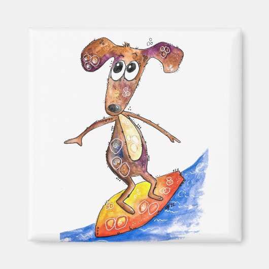 Aimant Chien mignon Whimsical sur Surboard (Devant)