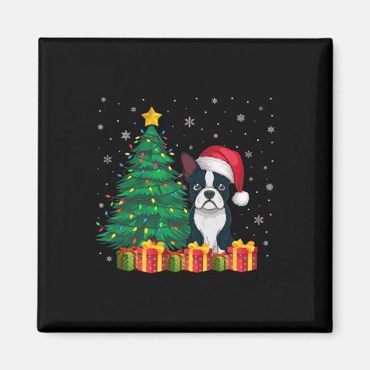 Aimant Chien moche Boston Terrier Santa Hat Noël Lumières (Devant)