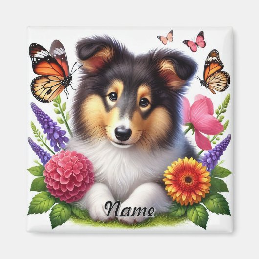 Aimant Chien-mouton Shetland avec fleurs et papillons (Devant)