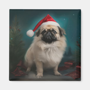 Aimant Chien pekingese pendant Noël de neige