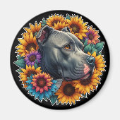 Aimant Chien Pitbull entouré de tournesols vibrants (Devant)