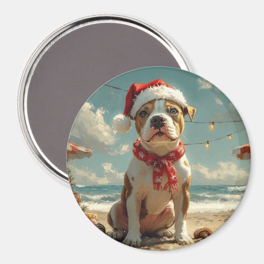 Aimant Chien Pitbull Noël Vintage Plage (Recto/Verso)