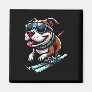 Aimant Chien Pitbull Skiant Sports d'Hiver Amusant