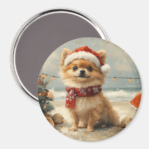 Aimant Chien Poméranie Noël Vintage Plage