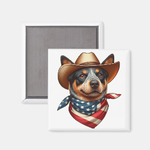 Aimant Chien portant un chapeau et un bandana du drapeau
