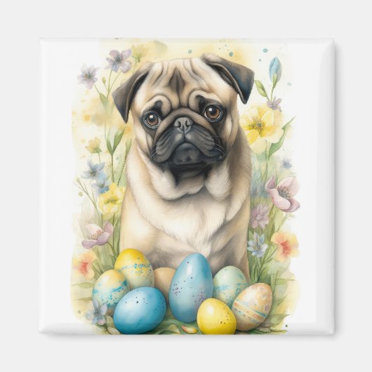 Aimant Chien Pug avec vacances de œufs de Pâques (Devant)