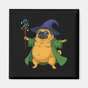 Aimant Chien Pug De Sorcier Mignon Tenant Un Bâton Magiqu
