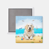 Aimant Chien Retriever doré sur la plage (Recto/Verso)