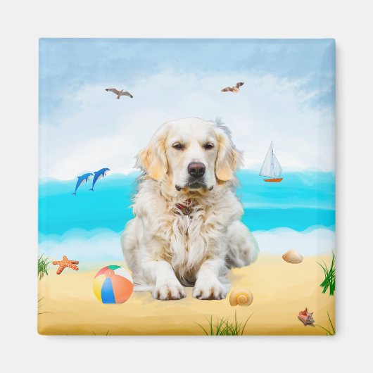 Aimant Chien Retriever doré sur la plage (Devant)