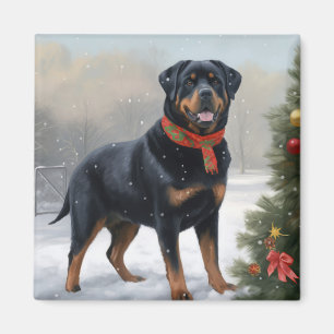 Aimant Chien Rottweiler dans la neige de Noël