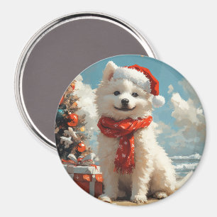 Aimant Chien Samoyède Noël Plage Vintage