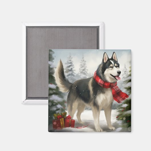 Aimant Chien sibérien Husky à Noël de neige (Recto/Verso)