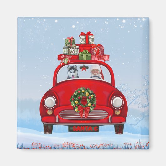 Aimant Chien Sibérien Husky En Voiture Avec Le Père Noël (Devant)