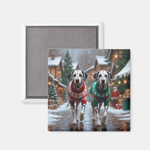 Aimant Chiens Dalmatiens Noël Neige Fêtes 