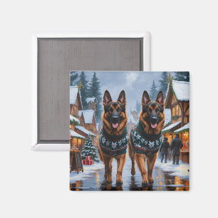 Aimant Chiens de berger allemands Noël Neige Fêtes