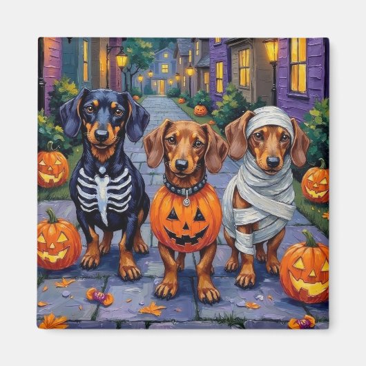 Aimant Chiens de Dachshund Trick-or-Treating en Halloween (Devant)