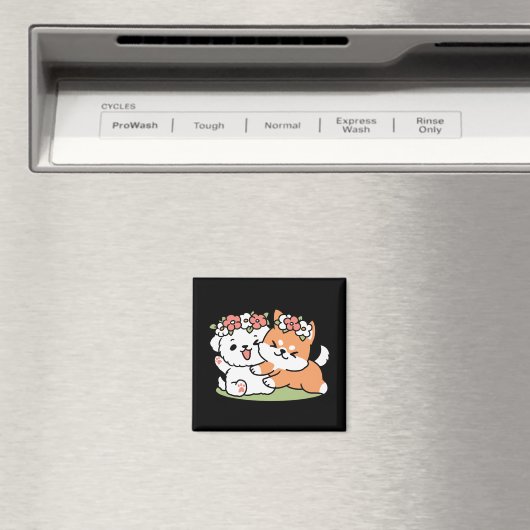 Aimant Chiens de jeu avec Flower Crowns - Fun Spring Them (In Situ (Lave-vaisselle))