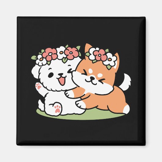 Aimant Chiens de jeu avec Flower Crowns - Fun Spring Them (Devant)