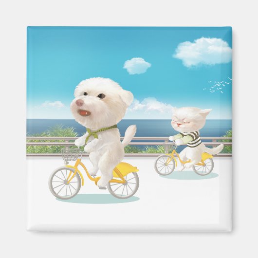 Aimant Chiens et chats Vélo en mer (Devant)