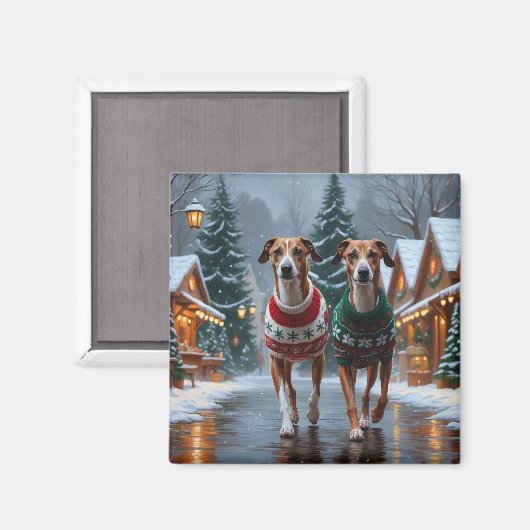 Aimant Chiens Greyhound Noël Neige Fêtes (Recto/Verso)